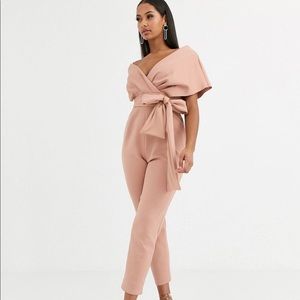 ASOS DESIGN fallen shoulder scuba jumpsuit in blush